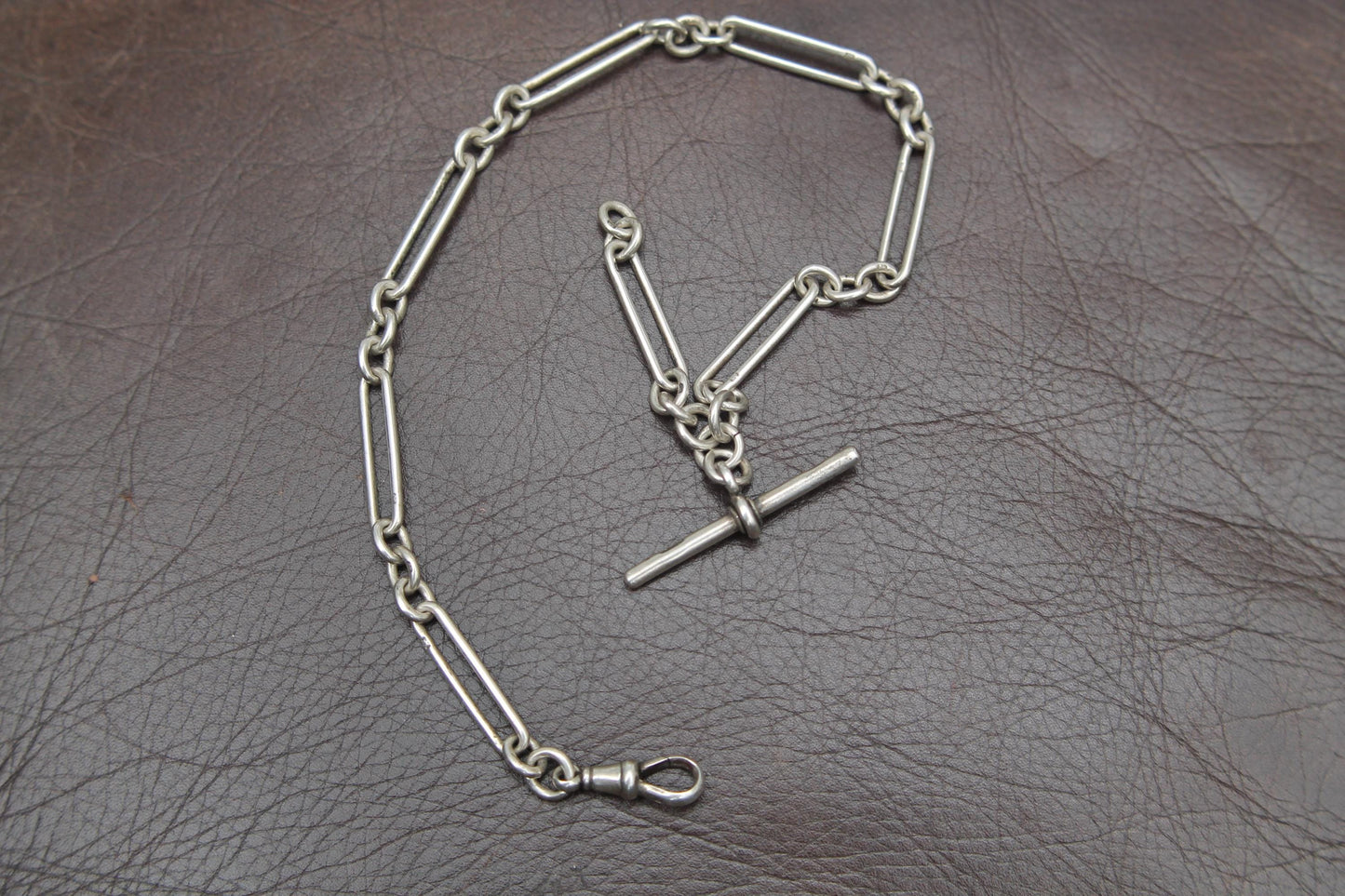 Antique Sterling Silver Trombone Link Albert Chain, 14"