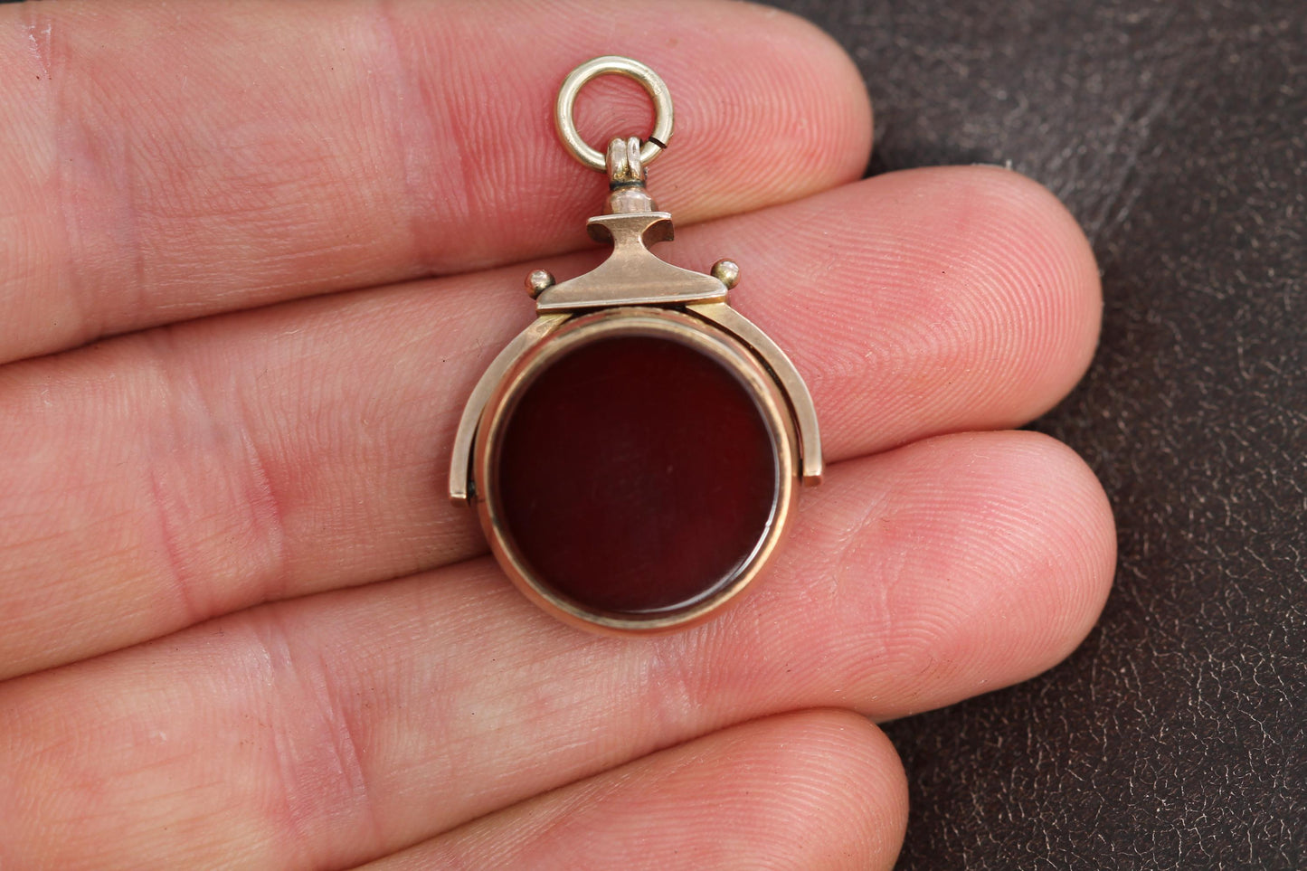 Antique 9ct Gold Carnelian Compass Spinner Pendant, 1913