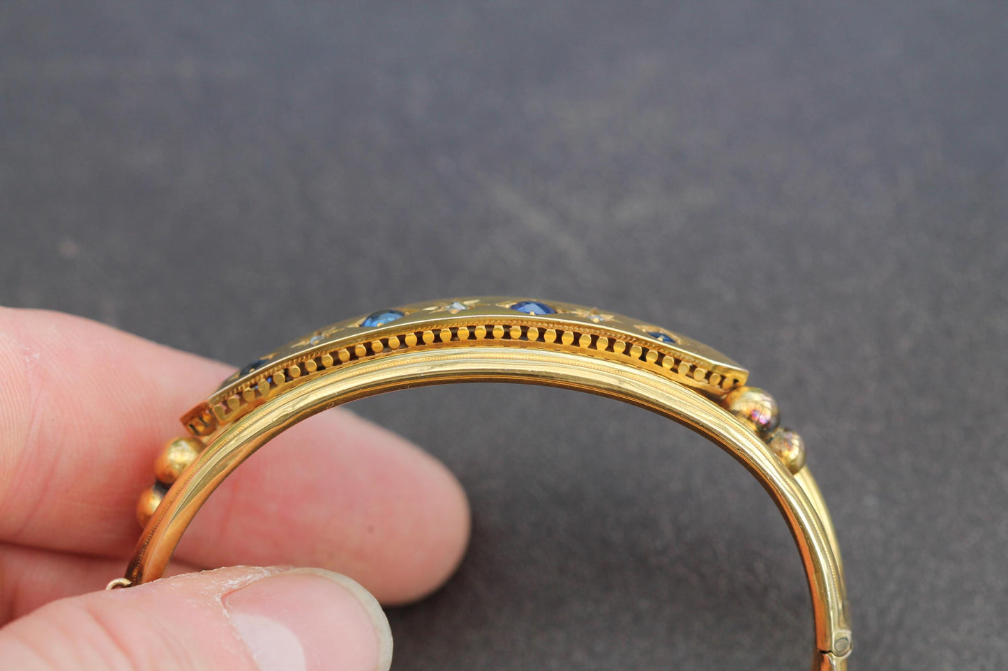 Antique 9ct Gold Old Cut Diamond & Sapphire Bangle Bracelet, 6.25"