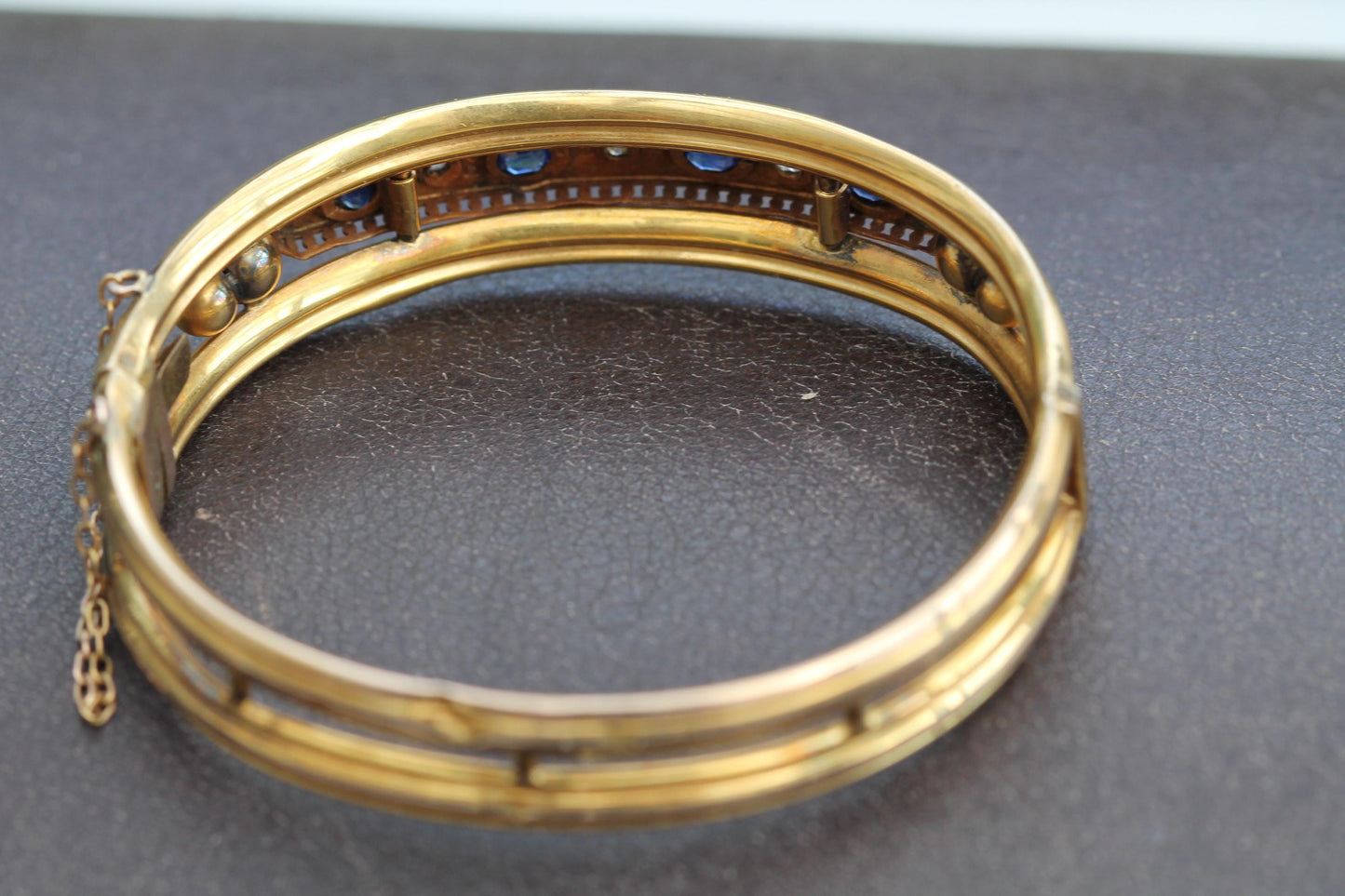 Antique 9ct Gold Old Cut Diamond & Sapphire Bangle Bracelet, 6.25"