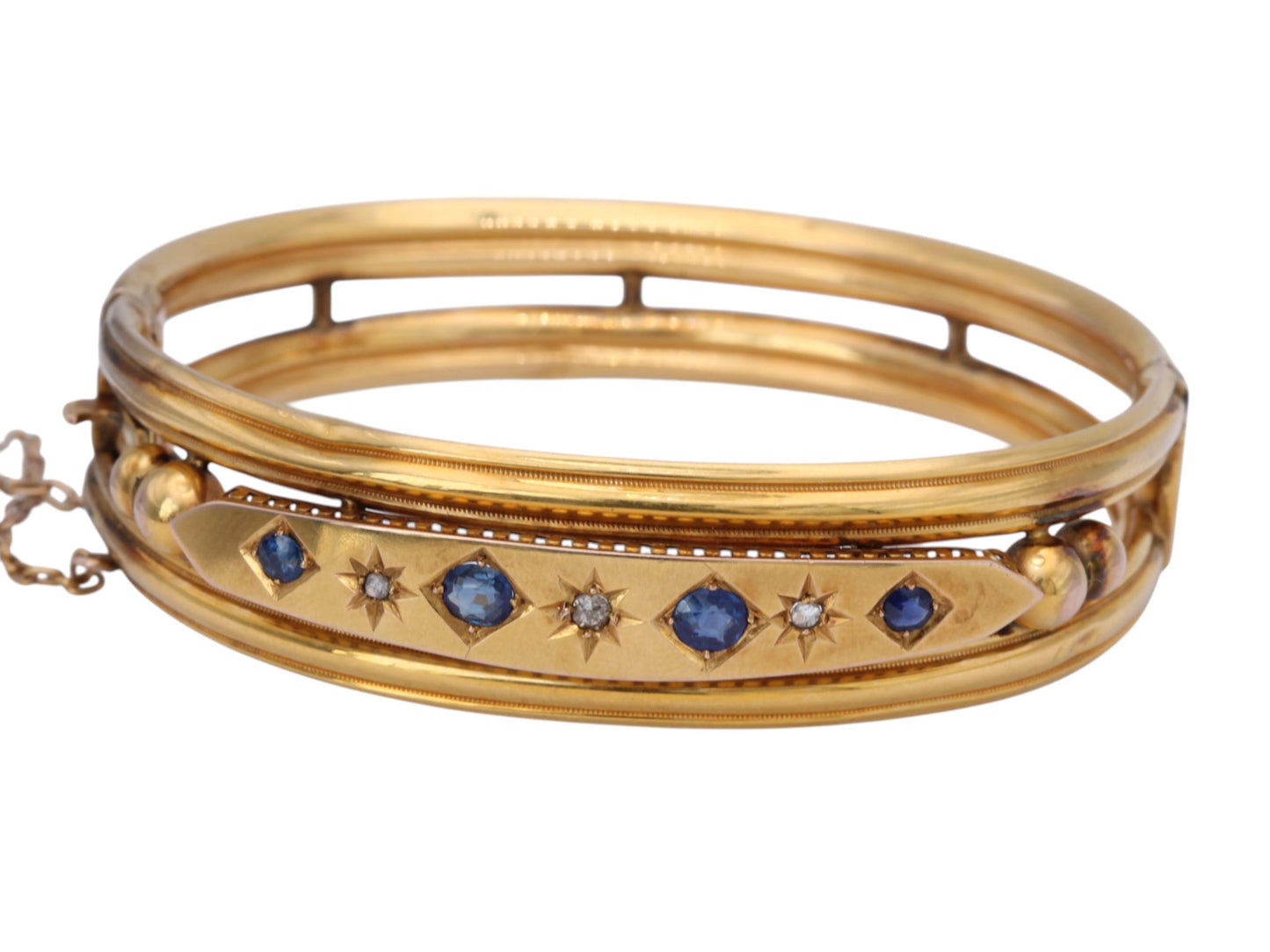 Antique 9ct Gold Old Cut Diamond & Sapphire Bangle Bracelet, 6.25"