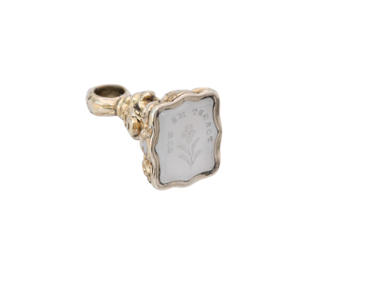Antique-9ct-Gold-Filled-Forget-Me-Not-Flower-Chalcedony-Intaglio-Seal-Pendant