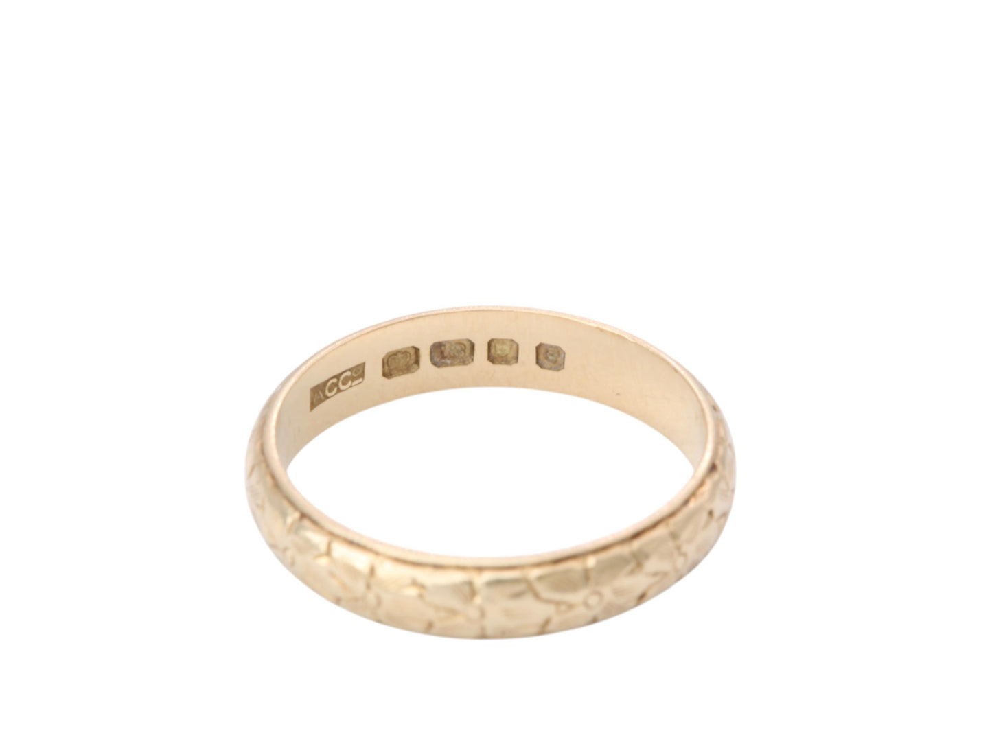 Vintage 18ct Gold Forget Me Not Chased Wedding Ring Band, 1960