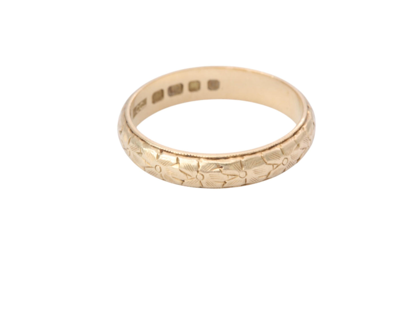 Vintage 18ct Gold Forget Me Not Chased Wedding Ring Band, 1960