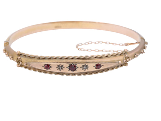 Antique 9ct Gold Diamond & Garnet Gypsy Set Bangle, 1902
