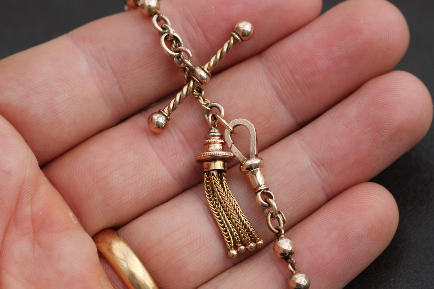 Antique 9ct Rose Gold Albertina Bracelet Tassel & Heart Charm, 7.5"