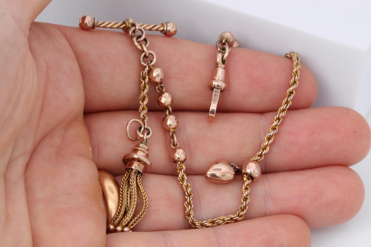 Antique-9ct-Rose-Gold-Albertina-Bracelet-Tassel-&-Heart-Charm,-7.5"