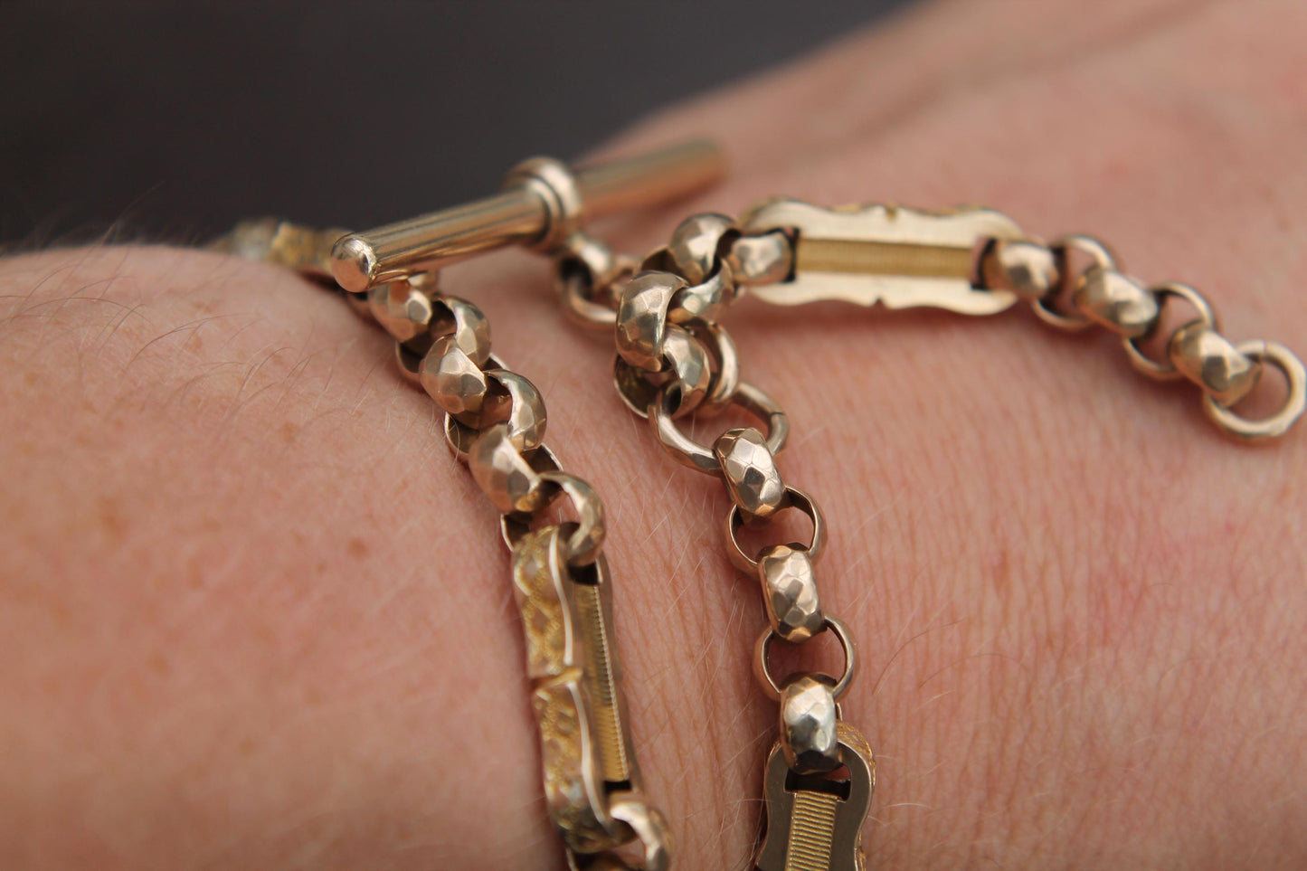 Antique 10ct Yellow Gold Faceted Belcher & Bar Links Necklace Albert, 14.25"