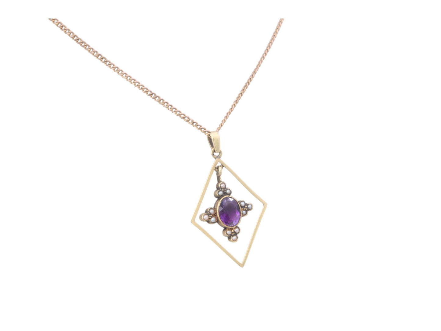 Antique 15ct Gold Amethyst Pearl Pendant Necklace, 18"