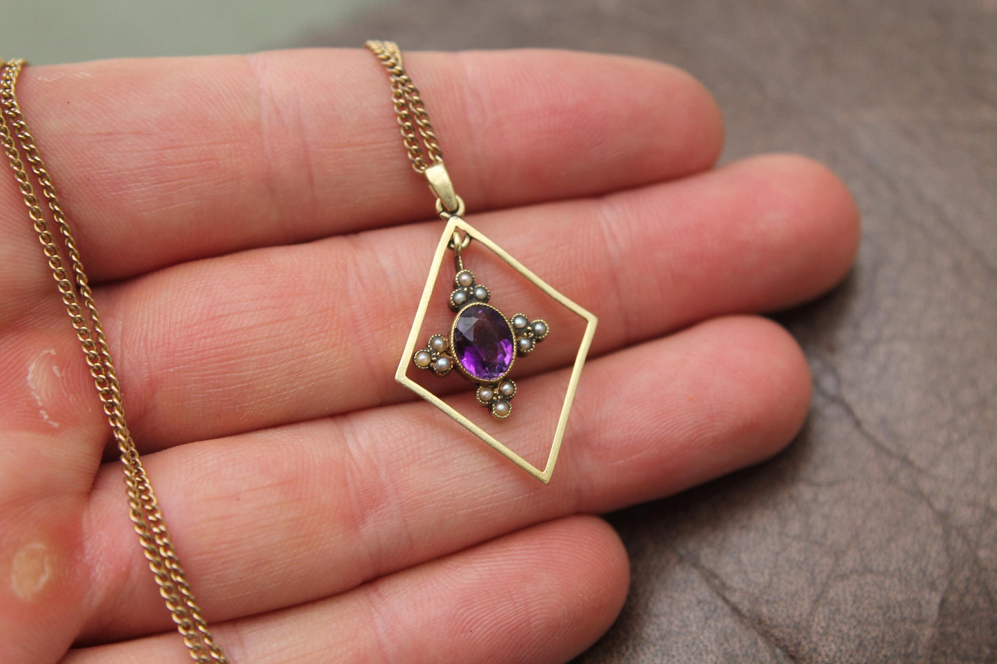 Antique 15ct Gold Amethyst Pearl Pendant Necklace, 18"