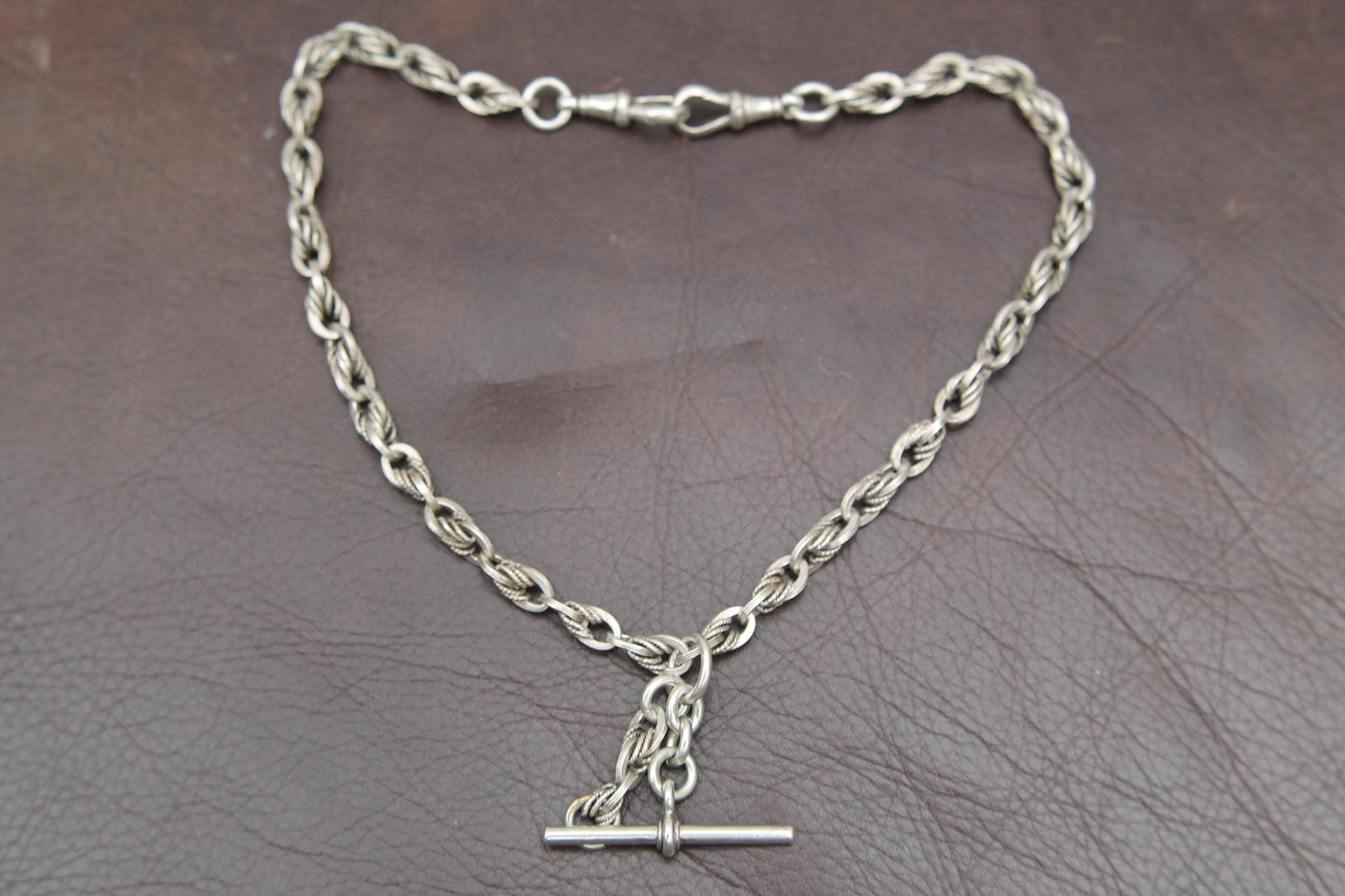 Antique-Sterling-Silver-Lovers-Knot-Link-Albert-Chain-Necklace,-15"