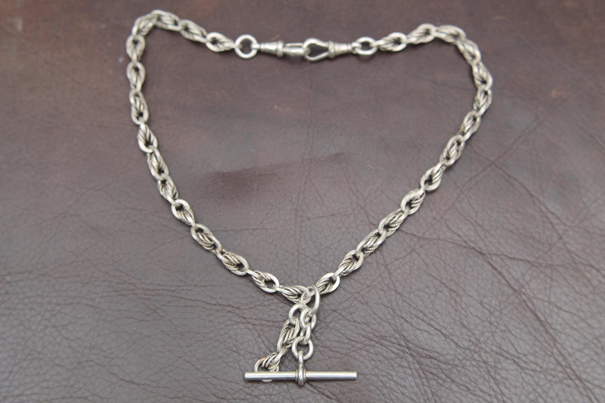 Antique-Sterling-Silver-Lovers-Knot-Link-Albert-Chain-Necklace,-15"