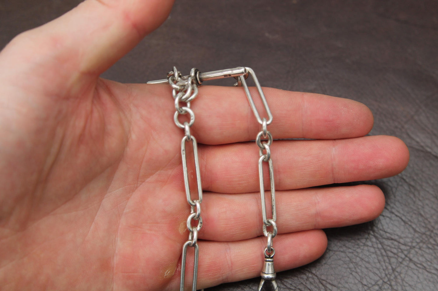 Antique Sterling Silver Trombone Link Albert Chain, 14"