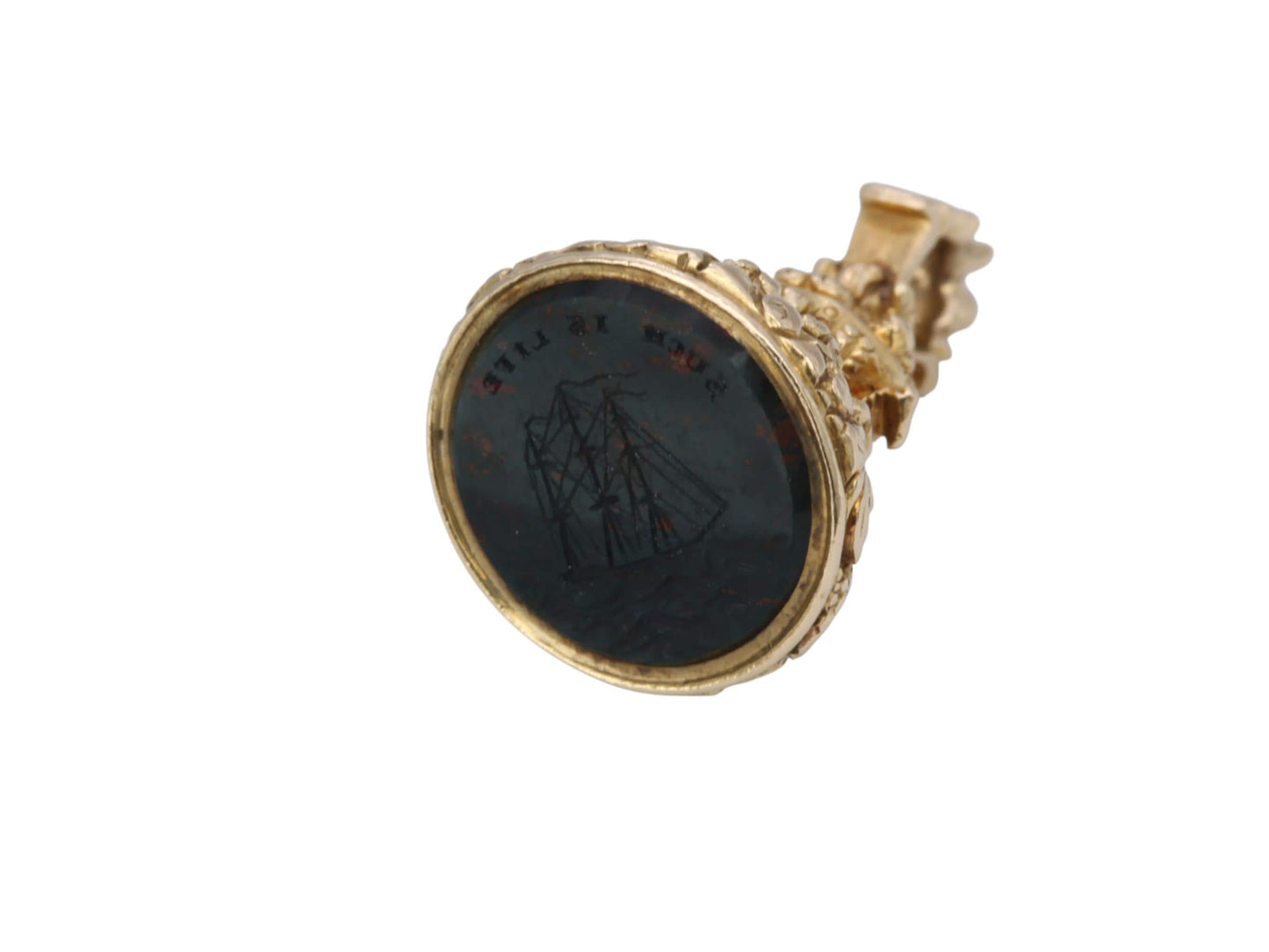 Antique 15ct Gold Seal, Bloodstone Intaglio with Ship & Motto “Such Is Life”, Victorian Sentimental Jewel c.1880
