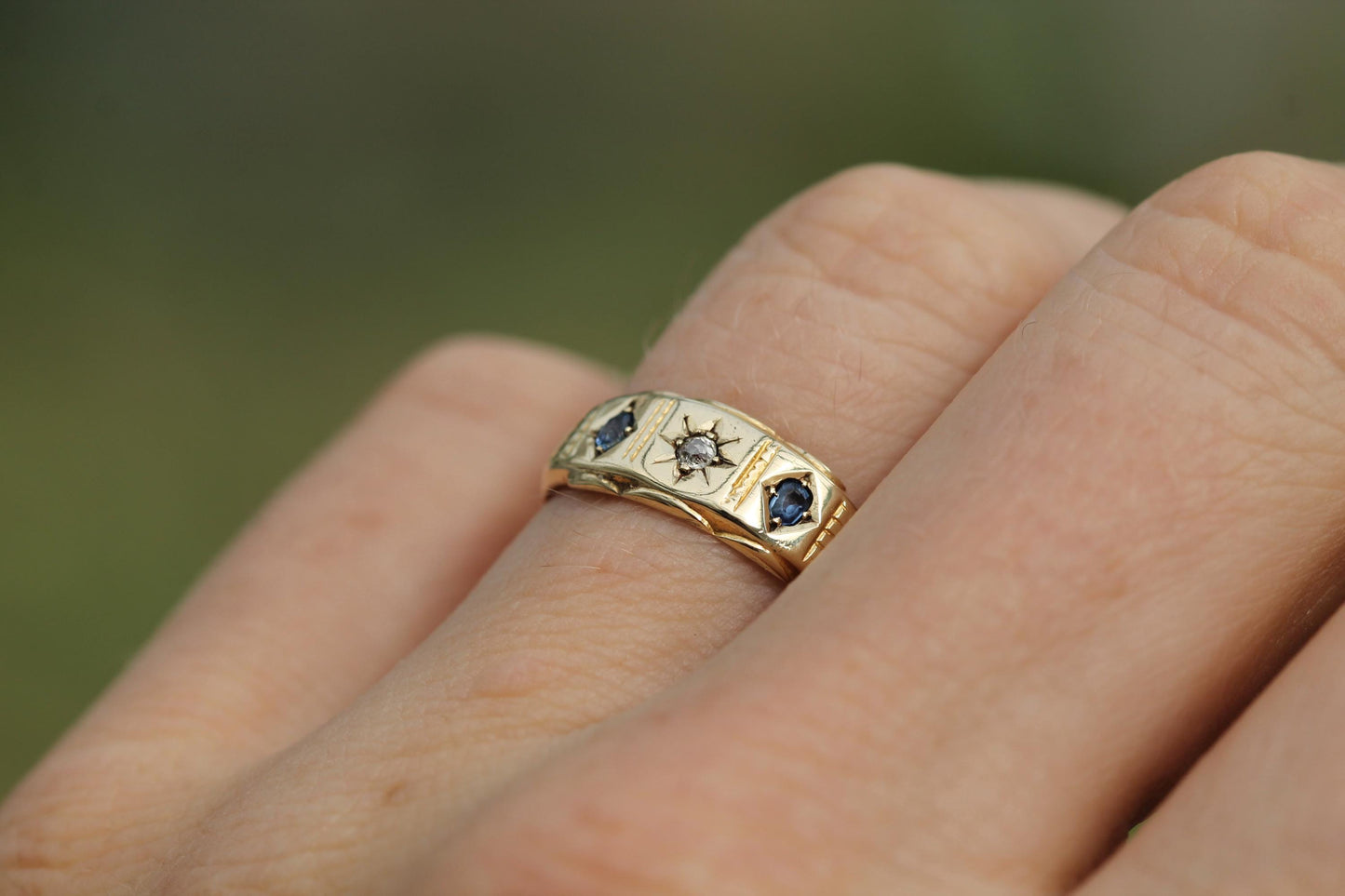 Antique 15ct Gold Diamond Sapphire Gypsy Ring, 1896