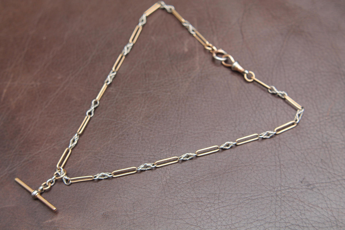 Antique 18ct Gold & Platinum, Trombone Lovers Knot Double Albert Necklace Chain, 15.5"