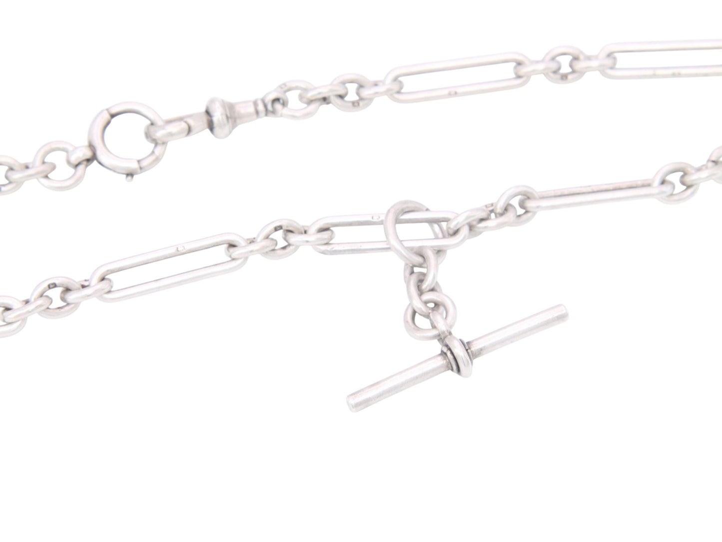 Antique Sterling Silver Trombone Link Double Albert Necklace, 15"