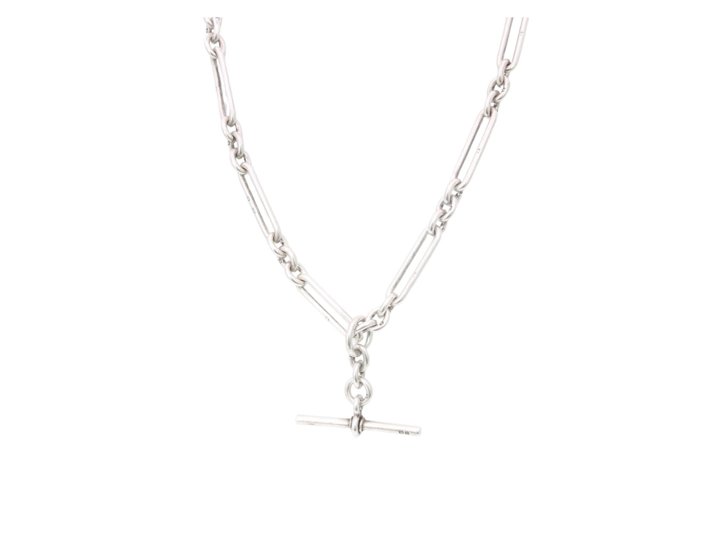 Antique-Sterling-Silver-Trombone-Link-Double-Albert-Necklace,-15"