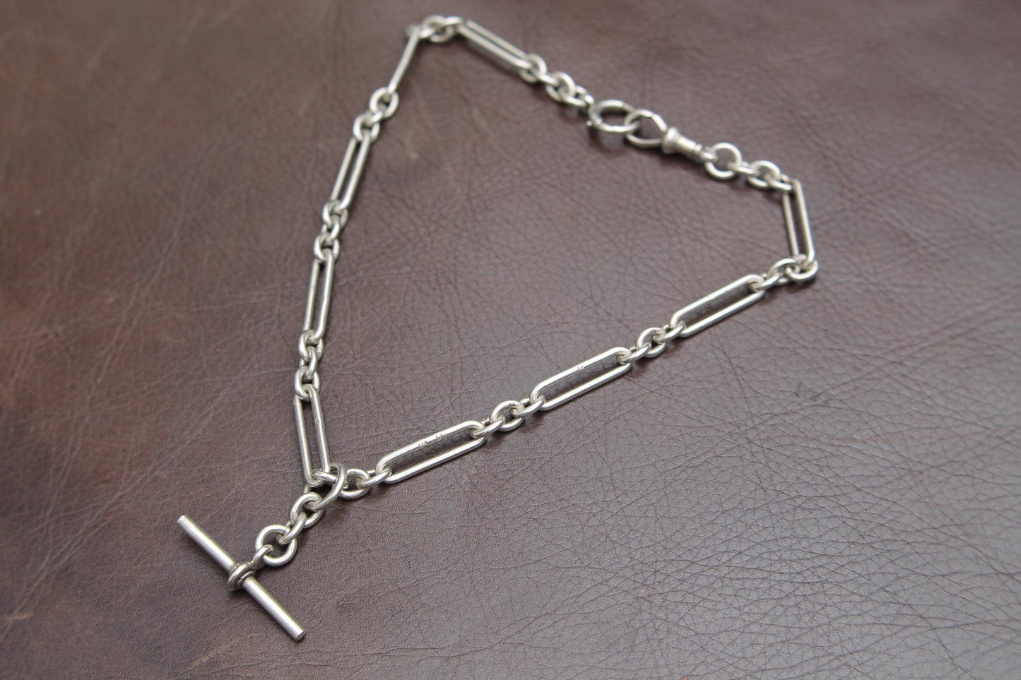 Antique Sterling Silver Trombone Link Double Albert Necklace, 15"