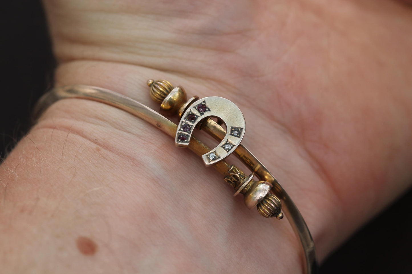Antique 9ct Gold Diamond Ruby Lucky Horseshoe Bangle Bracelet, 6.5"