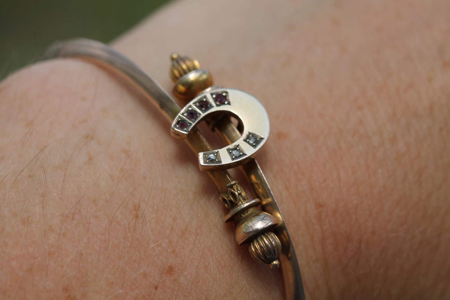 Antique 9ct Gold Diamond Ruby Lucky Horseshoe Bangle Bracelet, 6.5"