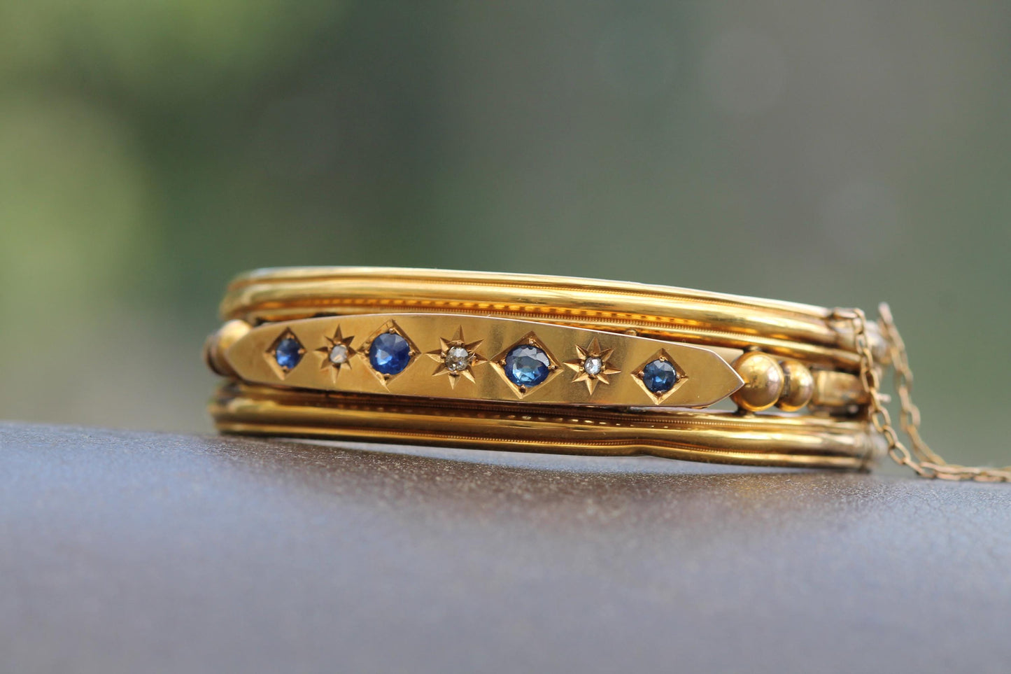 Antique 9ct Gold Old Cut Diamond & Sapphire Bangle Bracelet, 6.25"