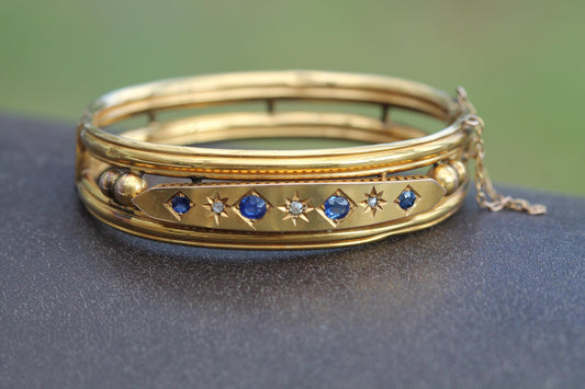 Antique 9ct Gold Old Cut Diamond & Sapphire Bangle Bracelet, 6.25"