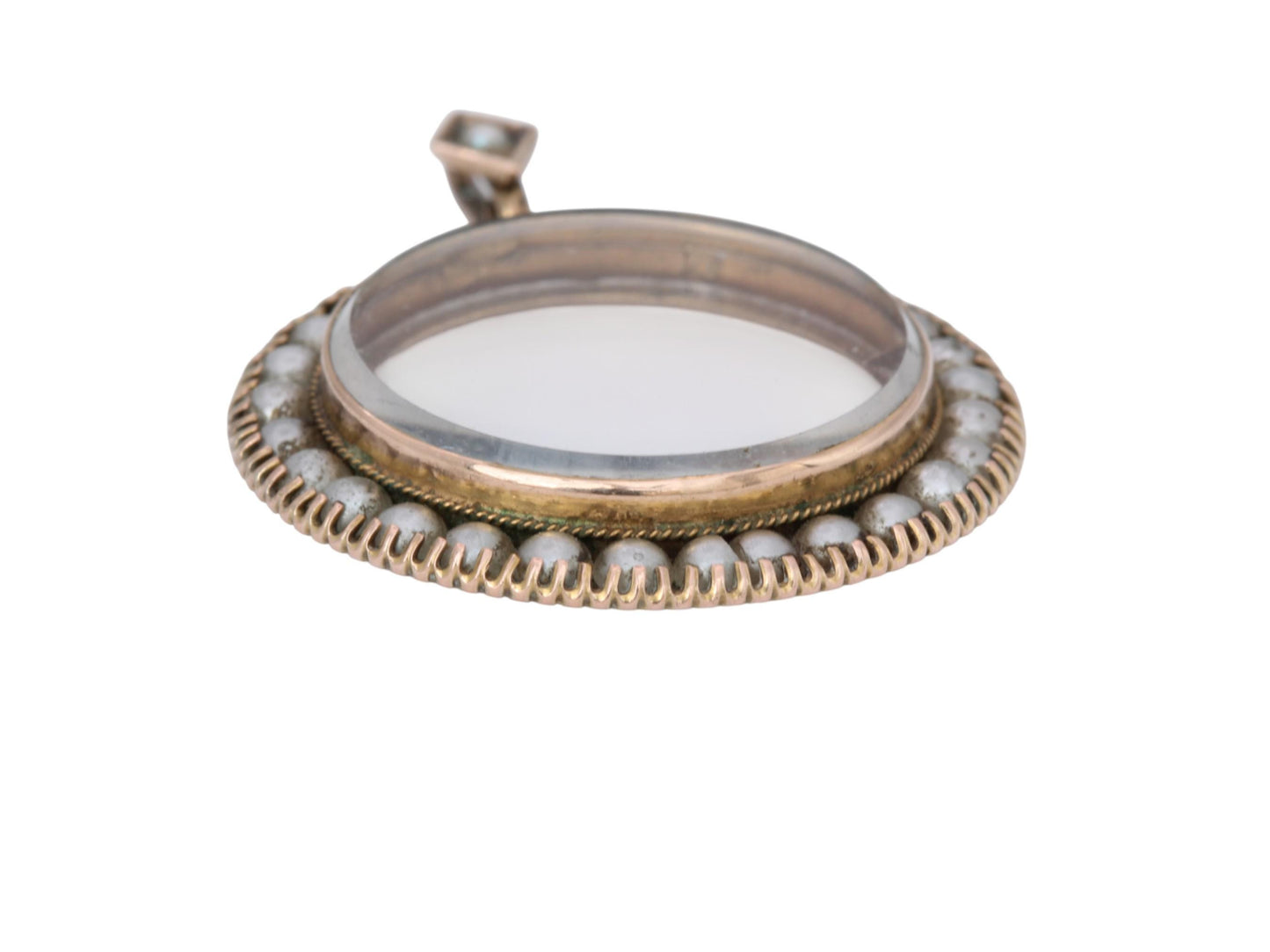 Antique 9ct Gold Seed Pearl, Glass Locket Pendant, 1904