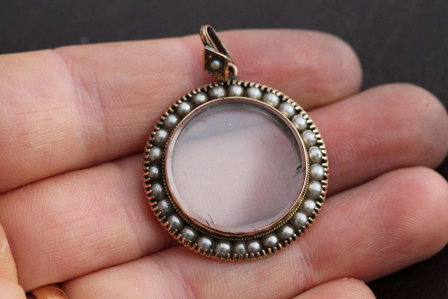 Antique 9ct Gold Seed Pearl, Glass Locket Pendant, 1904