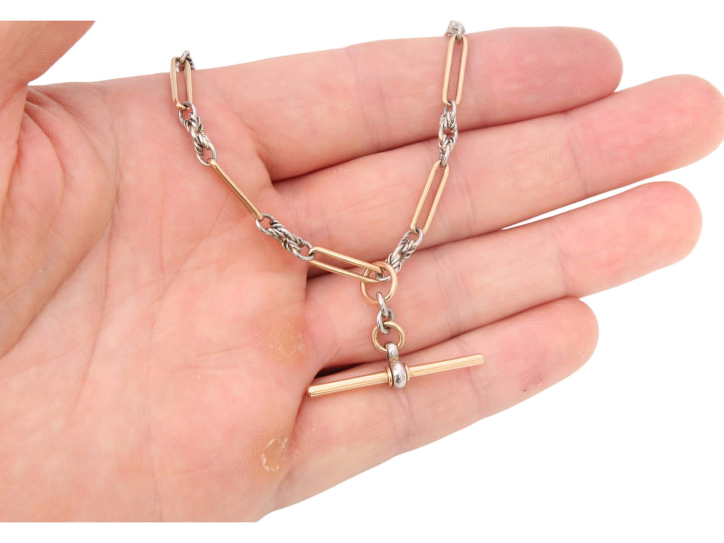 Antique 18ct Gold & Platinum, Trombone Lovers Knot Double Albert Necklace Chain, 15.5"