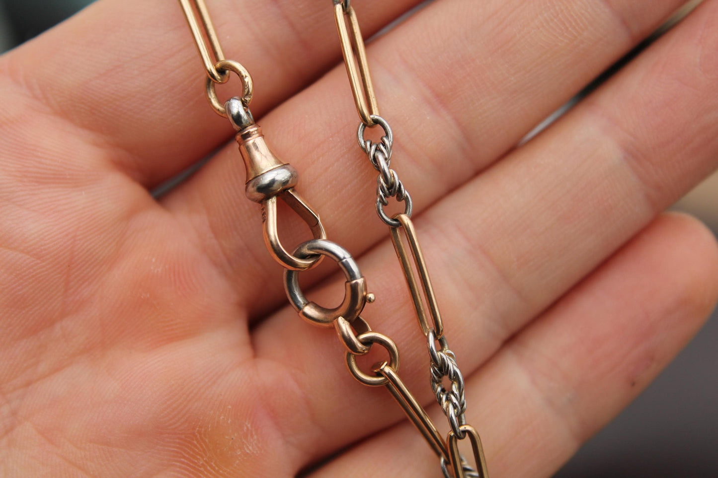 Antique-18ct-Gold-&-Platinum,-Trombone-Lovers-Knot-Double-Albert-Necklace-Chain,-15.5"