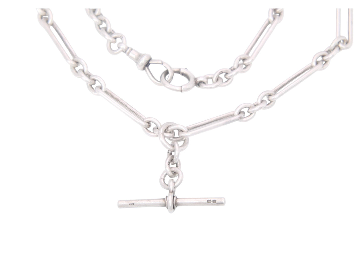 Antique Sterling Silver Trombone Link Double Albert Necklace, 15"