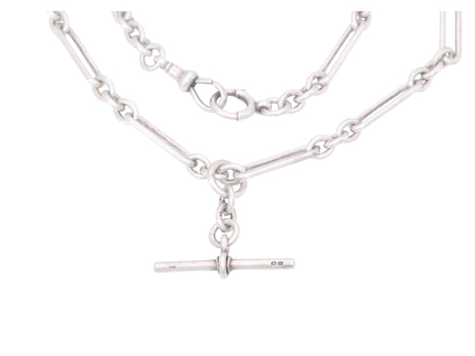 Antique Sterling Silver Trombone Link Double Albert Necklace, 15"