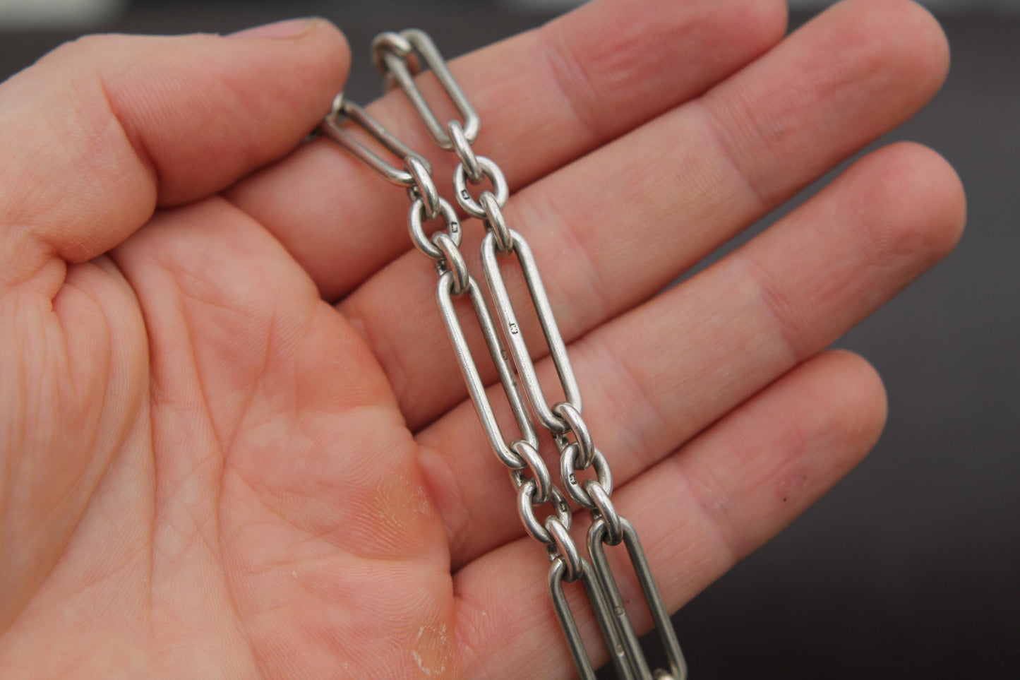 Antique Sterling Silver Trombone Link Double Albert Necklace, 15"