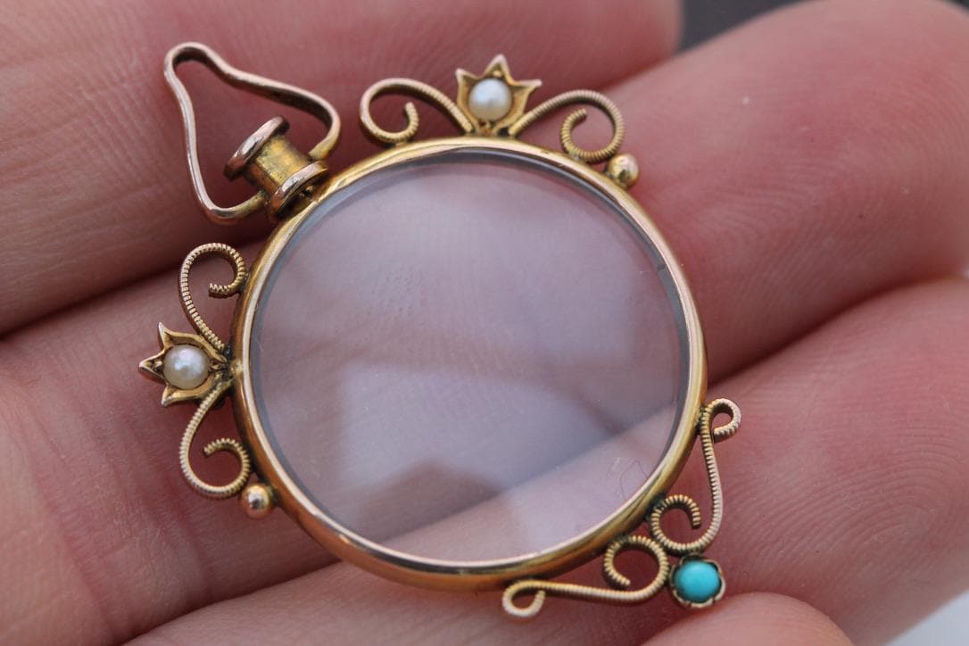 Antique 9ct Gold Pearl Turquoise Locket Pendant