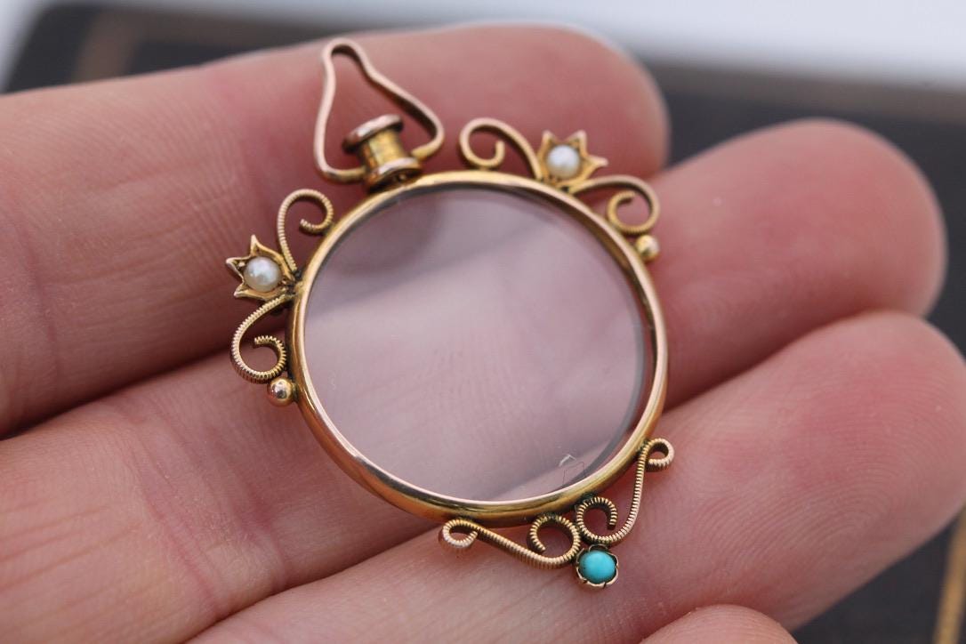 Antique 9ct Gold Pearl Turquoise Locket Pendant