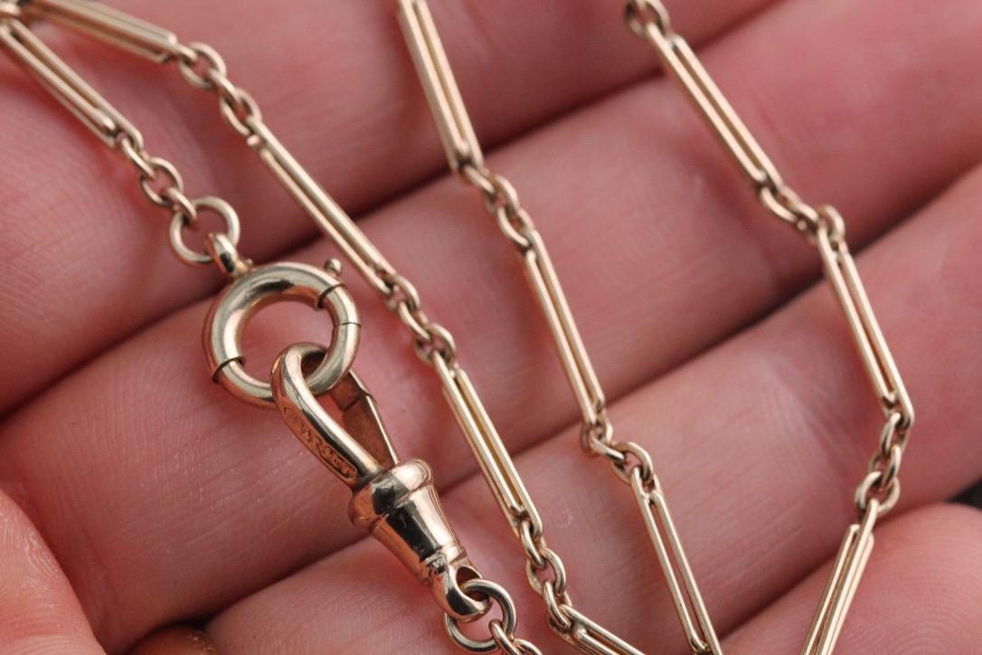 Antique 9ct Yellow Gold Trombone Fetter Link Necklace Chain, 13.25"