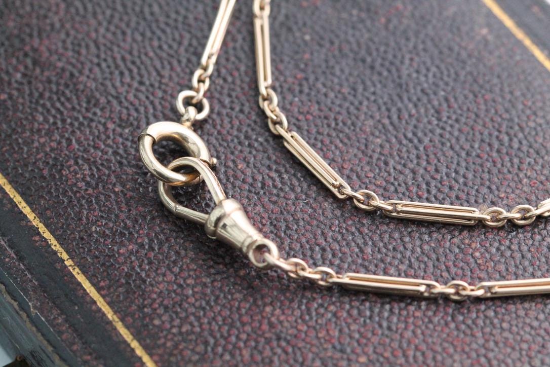 Antique 9ct Yellow Gold Trombone Fetter Link Necklace Chain, 13.25"