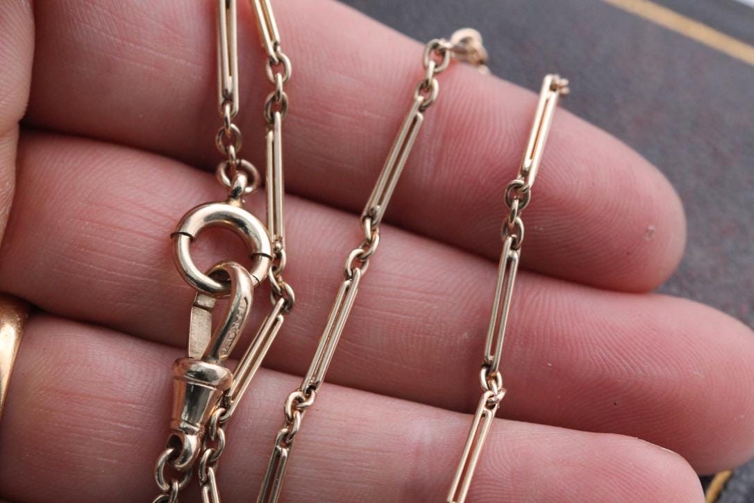 Antique 9ct Yellow Gold Trombone Fetter Link Necklace Chain, 13.25"