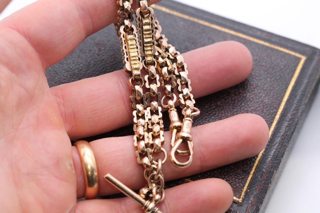 Antique-9ct-Gold-Faceted-Fancy-Belcher-Bar-Link-Albert-Chain-Necklace,-15.25"
