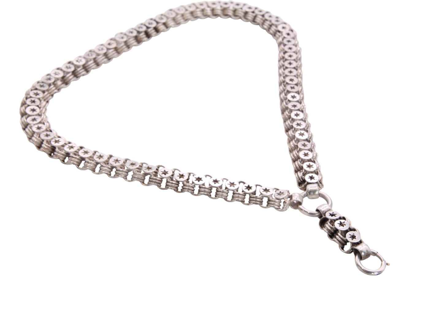 Antique-Victorian-Sterling-Silver-Star-Link-Bookchain-Collar-Necklace,-16.75"