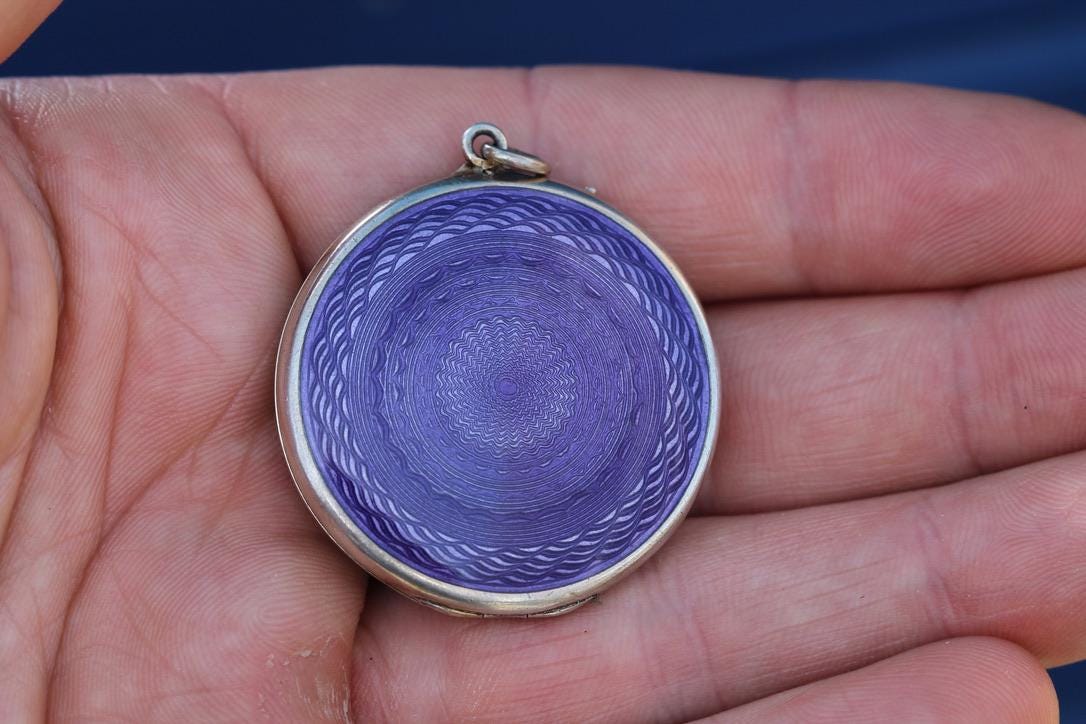 Antique-Art-Deco-Sterling-Silver-Purple-Guilloche-Enamel-Locket