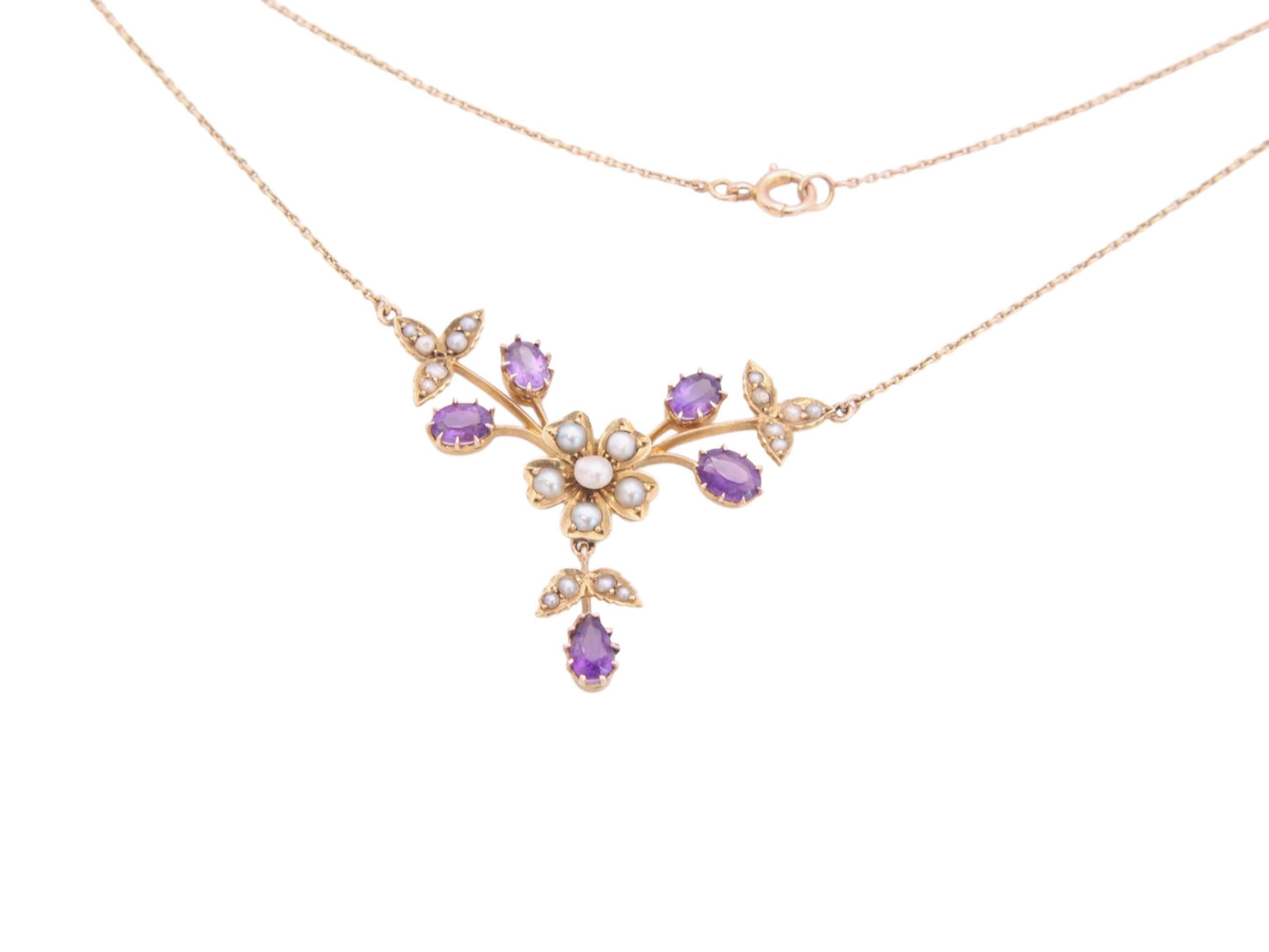 Antique-15ct-Gold-Amethyst-Pearl-Flower-Pendant-Necklace,-16.5"