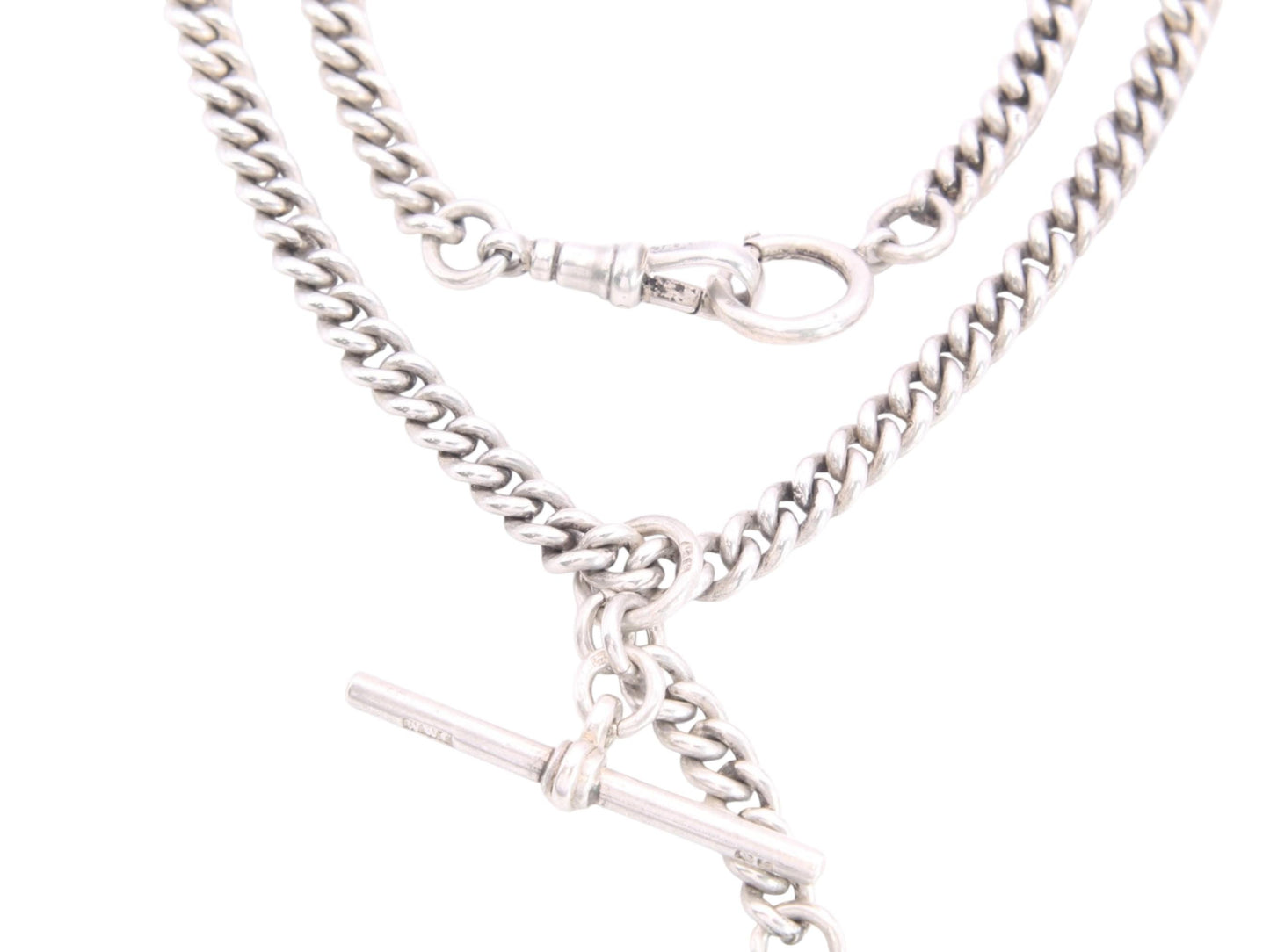 Antique-Sterling-Silver-Curb-Link-Double-Albert-Necklace-Chain,-14"