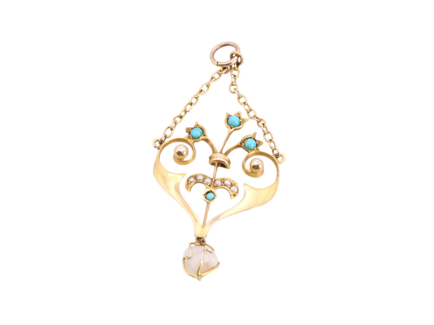 Antique-Edwardian-9ct-Gold-Turquoise,-Seed-Pearl-&-Natural-Pearl-Pendant