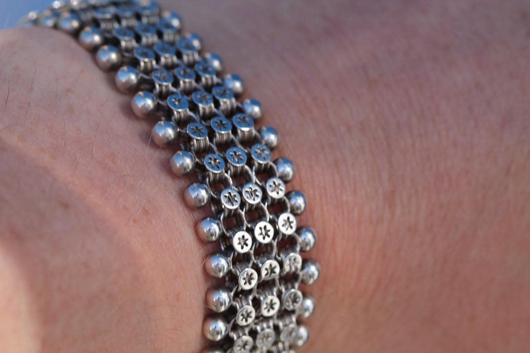 Antique-Sterling-Silver-Star-Link-Bracelet,-Victorian-c.1880