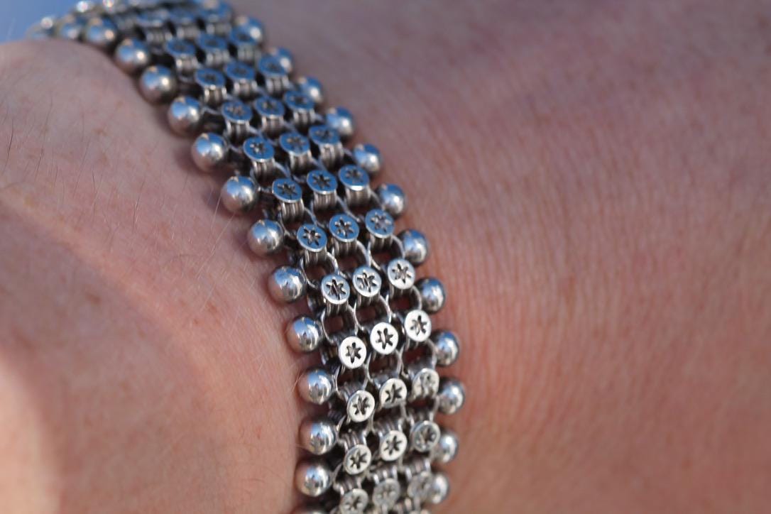 Antique-Sterling-Silver-Star-Link-Bracelet,-Victorian-c.1880