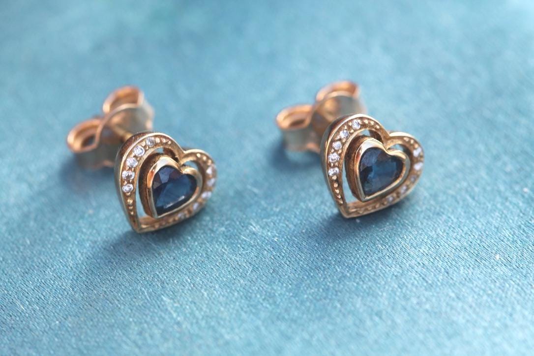 Vintage-14ct-Gold-Sapphire-&-Diamond-Heart-Earrings,-c.1980