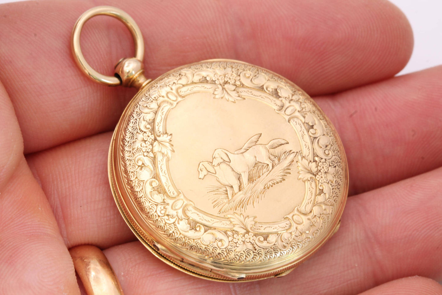 Antique-18ct-Gold-Swiss-Ladies-Pocket-Watch-|-Chased-Dog-Scene-|-c.1880