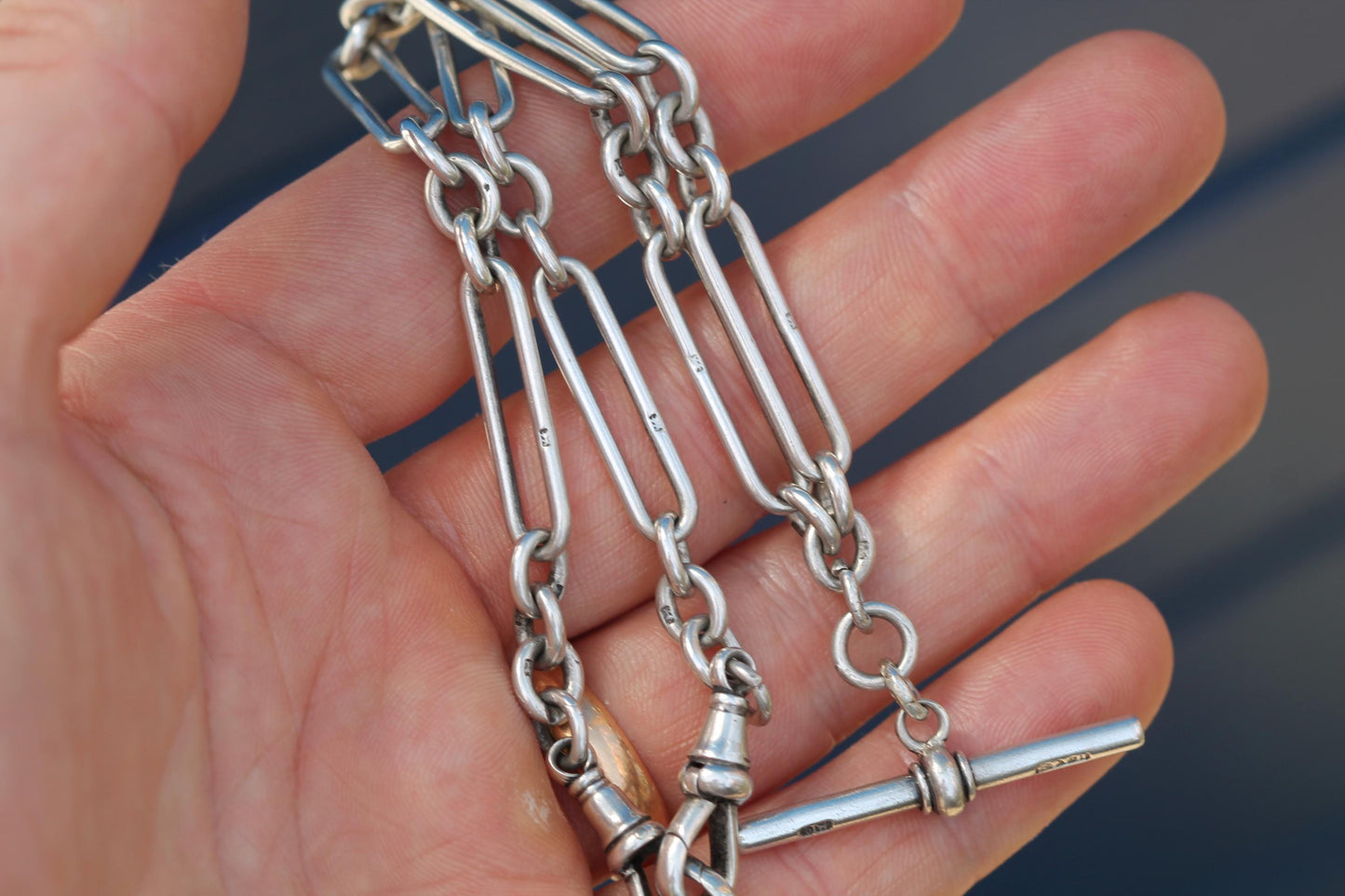 Antique-Sterling-Silver-Double-Albert-Trombone-Link-Watch-Chain,-14.25"